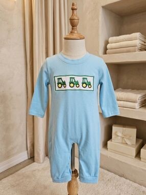 Honey Bean Pastel Blue Tractor Romper – Sweet Farmhouse Cutie (Sz 12M)